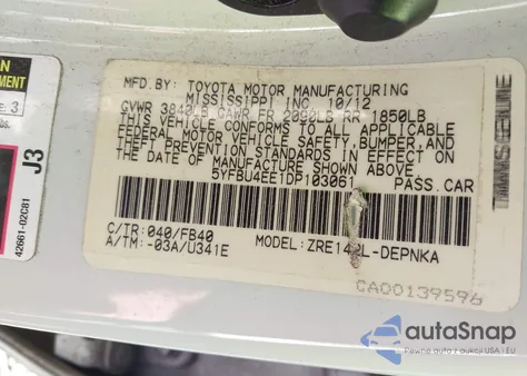 2013 Toyota Corolla Le from USA, damaged, VIN 5YFBU4EE1DP103061